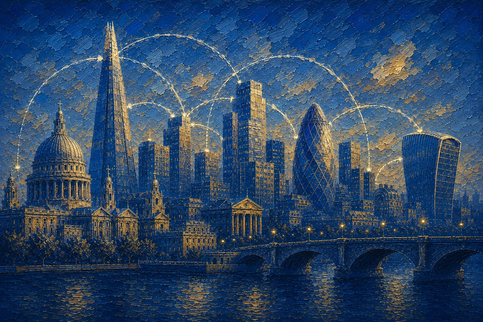 City of London skyline rendered in gold on navy with arcing connections, symbolising institutional capital linkages