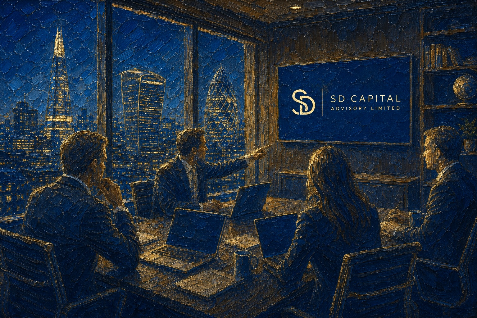 Gold-on-navy illustration of an SD Capital Advisory boardroom overlooking the City of London skyline
